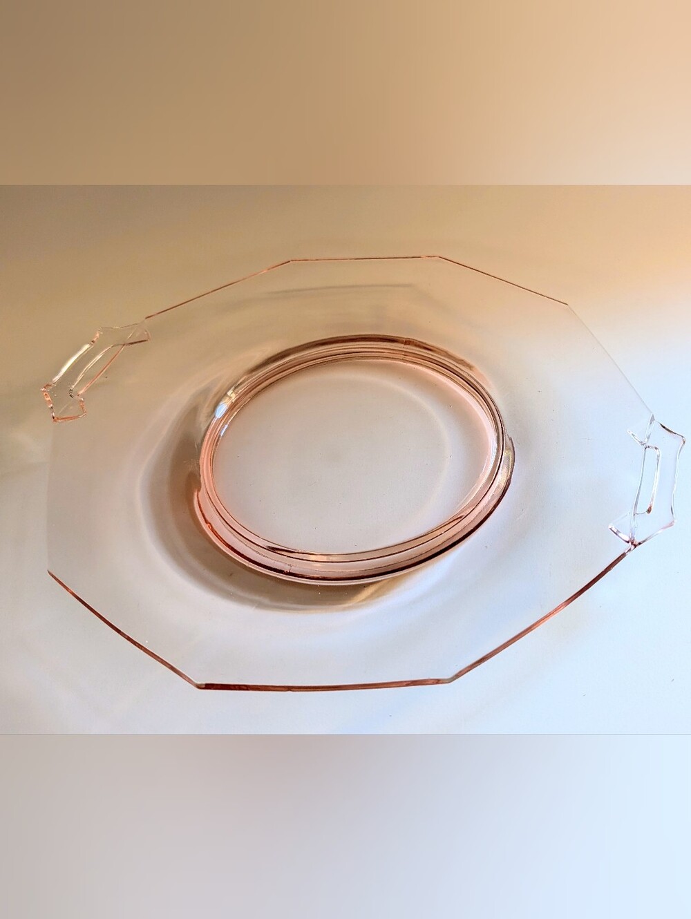 Pink Clear Depression Era (1930s) Glass Octagonal Platter Plate with Handles